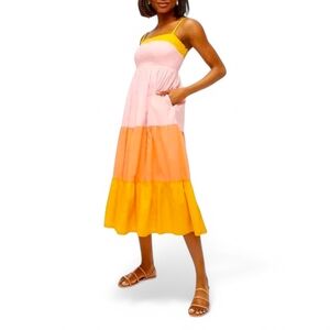 J.‎ Crew Factory Tiered Color Block Dress Adjustable Strap Smocked Midi Sz 6